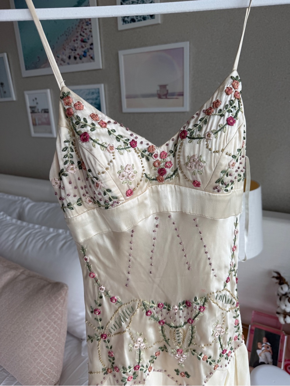 Sue Wong Ivory Midi Dress with Pink & Green Floral Embroidery - Picture 2 of 6